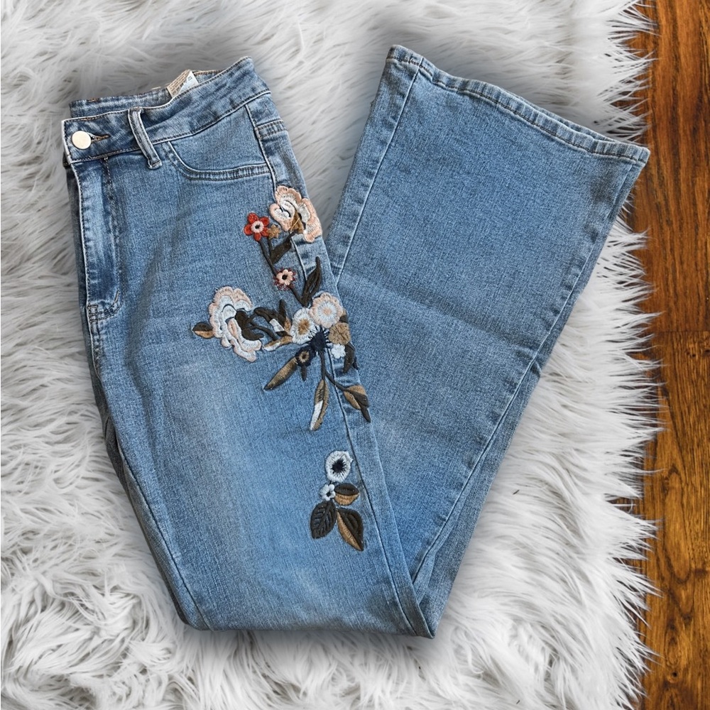 Womens flare floral jeans wide leg bell bottom